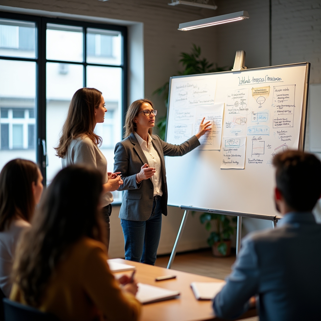 Facilitátorka vede skupinový workshop u velké nástěnky s poznámkami